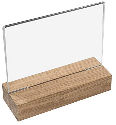 HMF 46941 Acryl Tischaufsteller mit Holzfuß | DIN A6 Querformat | Glasklar