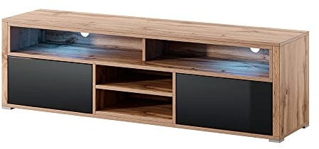 Selsey TV-Lowboard Fernsehschrank Mario 137 cm, Wotan Eiche Matt/Schwarz Hochglanz, LED mit Batterie
