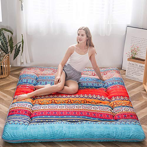 Maxyoyo Bohemian Retro Bodenmatratze, Vintage, blumige japanische Futonmatratze, aufrollbare Tatami Bodenmatte, tragbare Campingmatratze, Isomatte, Bodenliege, Couch, faltbares Bett in voller Größe