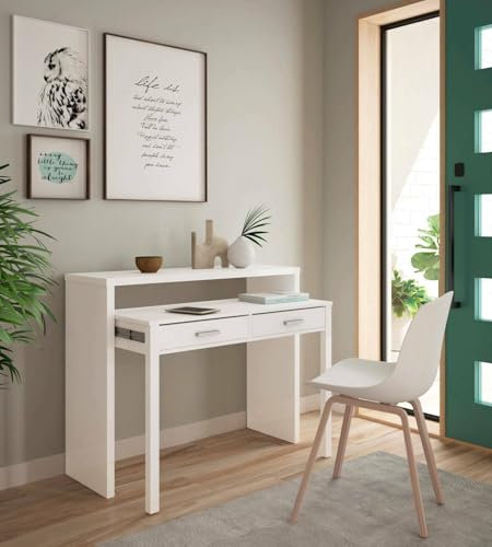 Dmora - Bureau Billings, Bureau avec plateau extensible, Bureau PC avec 2 tiroirs, 99x36h88 cm, Blanc