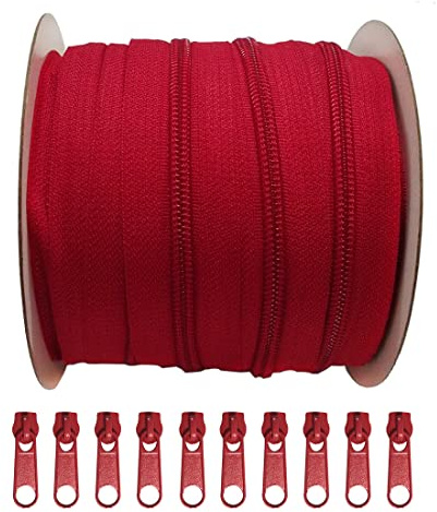 25 Metri di Chiusure Lampo in Nylon + 10 Cursori Liberi Tiretti in Metallo, Cerniera per Cucire, Chiusure Lampo al Metro per Cucire su Vestiti, Tessuti, Chiusuri Lampo al Metro n.3, (Rosso 148)