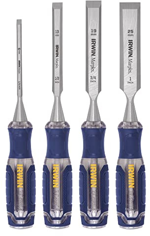 IRWIN Chisel Set, Woodworking, 4-Pack, Extra-Long Strike Cap, Strong & Durable Steel Core (IRHT82507)