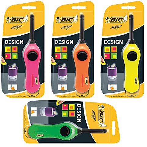 sunmondo® Stafeuerzeuge der Marke BIC 4 Stück mit festem Stab Neonfarben und Halte Bügel zum aufhängen, Perfekt für jeden Grill oder Kamin.