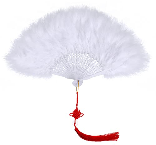 MWOOT Marabou Feather Fan, 1920s Vintage Style Handheld Feather Fan, Roaring 20s Decorative Folding Fan for Wedding Halloween Dancing Show Tea Party Variety Show Costume Decoration - White