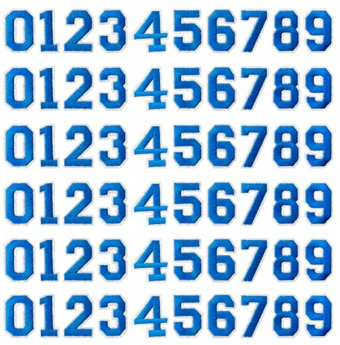 J.CARP 60Pcs Blue Number 0 to 9 Patches Iron on Sew on Letters for Clothing, Hats, Shoes, Backpacks, Handbags, Jeans, Jackets etc.