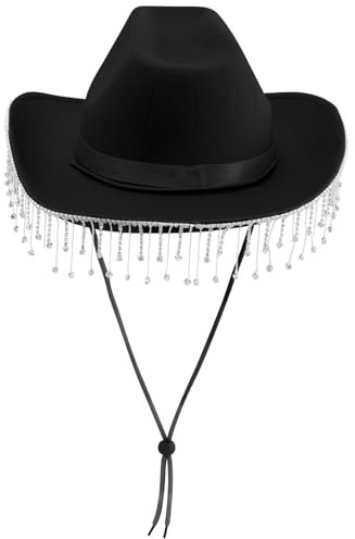 FEESHOW Damen Cowboyhut mit Strass Fransen Glitzer Cowgirl Hut Mütze Party Halloween Karneval Kostüm Zubehör Kopfbedeckung Schwarz Einheitsgröße