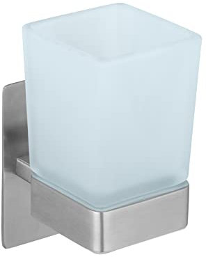 WENKO Turbo-Loc Zahnputzbecher Genova Matt, Wand-Zahnputzbecher, Befestigen ohne Bohren, Edelstahl/Glas satiniert, 6,2 x 13,2 x 9 cm, Silber matt