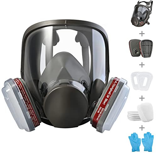 Faburo Reusable Full Face Cover Dust Gas Face Cover with 10 Replaceable Filter Cotton and 5 Pairs of Gloves, for Organic Vapor, Chemical, Petroleum, Dust, Paint