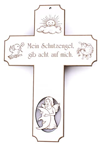DEKOLANDO Kinderkreuz Engel Holzkreuz graviert - Mein Schutzengel gib acht auf mich - weiß Kreuz Kinder Taufe Geburt 15 x 22 cm