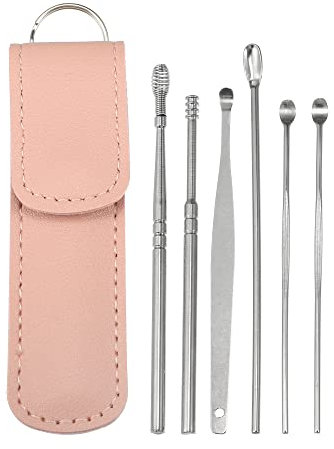 VOCOSTE 6pcs Inox Acier Oreille Nettoyage Outil Kit, Oreille Nettoyage Oreille Soin Set, avec Faux Cuir Emballage Rose