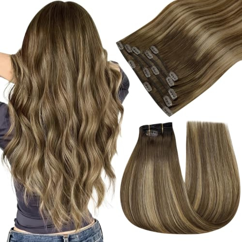Easyouth Invisible Clip in Extension Echthaar Braun Blond Haarverlängerungen Echthaar Clips Balayage Dunkelbraun Ombre Honigblond Haarextension Echthaar Clip in Remy 5Pcs 50 cm 70g #4/27/4