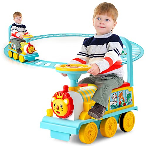 GYMAX Treno Elettrico per Bambini, Trenino Giocattolo con Set di Rotaie da 16 Pezzi, Luce, Musica, Fischio del Treno e Spazio di Archiviazione, per Bambini da 3 Anni, Carico Massimo 25 kg (Blu)