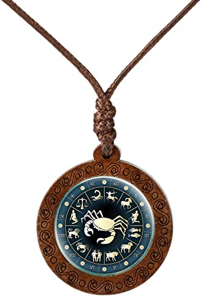 LODMLOER Kreative Holz-Sternzeichen-Halskette – Zeit-Edelstein-Glas-Anhänger-Halskette,Löwe,Skorpion,Zwilling,Sternzeichen-Anhänger,Sternzeichen-Schmuck Für Frauen Und Mädchen,Krebs,45Cm