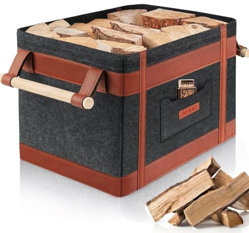 AFXXE Cesta Leña, 42x32x31.5cm Grande Cesta Para Leña Interior, Fieltro Gris Cestos Para Leña con Asa, Hohe Stabilität Capazo Para Leña Chimenea, Leñero Interior Exterior Moderno