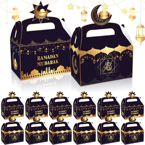 Zkaoai Eid Mubarak Geschenkboxen, 12 Stück Ramadan Geschenkschachteln, Eid Mubarak Geschenktüten, Ramadan Papiertüten, Ramadan Geschenktüten, Geschenktaschen für Ramadan Süßigkeiten Verpackung