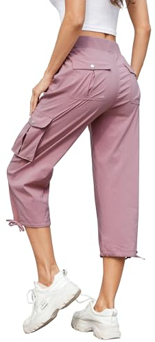 Hormtaer Women Cropped Trousers Cargo Summer Capri Joggers Ladies Pants 3/4 Length Sweatpants Outdoor Casual Hiking Trousers with 6 Pockets (Dark Pink, XL)
