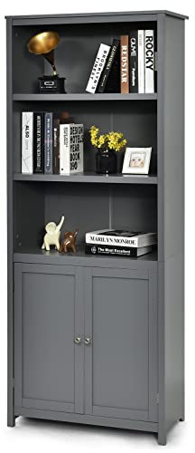 SFAREST Wooden Bookcase, 5 Tier Freestanding Bookshelf with 2 Doors Cupboard & 2 Adjustable Shelves, Storage Shelving Display Shelf Cabinet Unit for Living Room Bedroom Hallway Office (Grey)