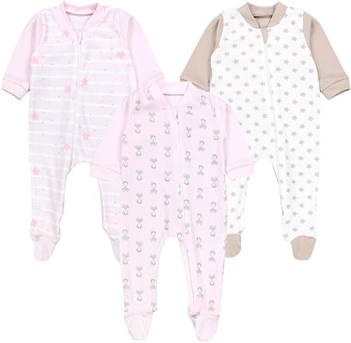 TupTam Unisex Schlafstrampler 3er Pack Baumwolle mit Reißverschluss, Farbe: Fuchs Rosa Streifen Sterne Beige, Größe: 68