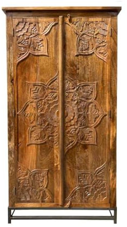 Indischer Schrank Jaspal aus Mangoholz mit aufwendiger Verzierung Rustikal Oriental Schlafzimmer Natur Antik 190cm