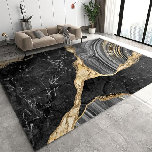 SANSJI Marmor Schwarz Und Gold Teppiche Gegend, Abstrakte Moderne Kunst Maschinengewebt Schlafzimmerteppich - für Schlafzimmer Wohnzimmer Esszimmer Balkon 70 x 180 cm