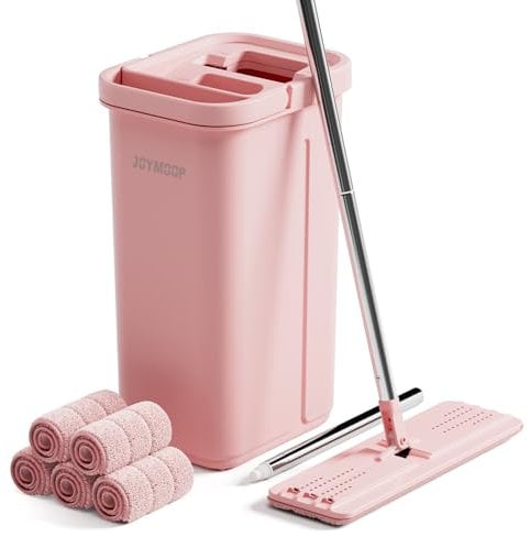 JOYMOOP Mop and Bucket with Wringer Set, Hands Free Flat Floor Mop and Bucket, 60 Mop with 5 Reusable Microfiber Pads, Wet and Dry Use, Floor Cleaning System - Pink