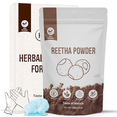 Holy Earth 100% Pure Reetha Powder – 100g (Sapindus mukorossi) | Natural Hair Cleanser with Free Gloves & Shower Cap | Boosts Softness & Hair Health | Non-GMO, Vegan | Resealable Pack