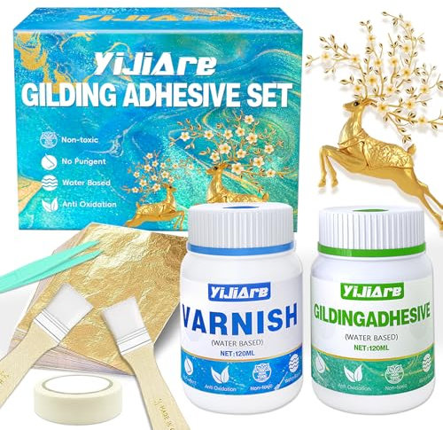 Gold Leaf Gilding Adhesive Kit, Water-Based 120ml Gold Leaf Glue and 120ml Varnish, 100pcs Gold Leaf Sheets, Suitable for Gold Foil Art, Crafts, Painting, Furniture and Decoration
