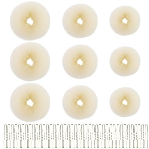 Donut Hair Haardonut Maker Set mit 9 Stück Beige Haardutt, 30 Stück Gold U-Form Haarspange Haarnadel, Dutt Hilfe Hochsteckfrisuren Zubehör, für Kinder Mädchen Frauen