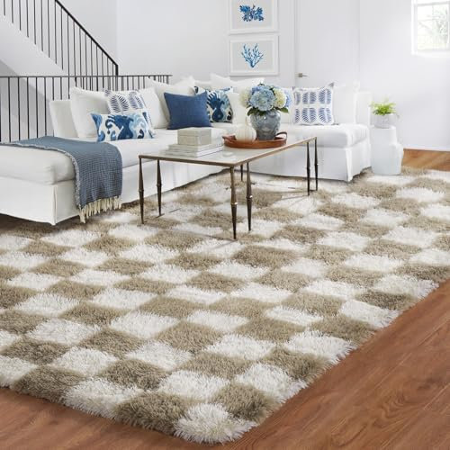 BYBSRLL Kariert Teppiche, 90x150cm Beige und Weiß Flauschig Schlafzimmer Teppich, Hochflor Klein Waschbar Wohnzimmer Deko Mädchen Jungen Jugendzimmer Kinderteppich Bettvorleger