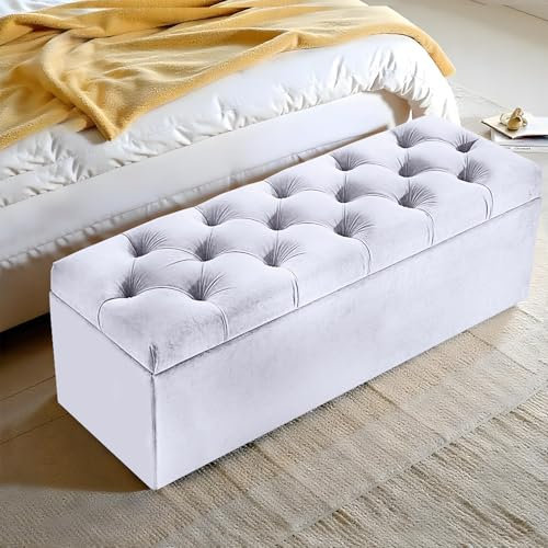 Harveys Living Chesterfield Ottoman Storage Box - Diamond Button Style Engineered Wood Luxurious Plush Velvet Ottoman Storage Bench - (White, No Legs)