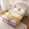 BTM Lit Capitonné 90x200 cm, Lit Enfant 90x200 avec Sommier à Lattes en Bois, Motif à Rayée, pour Fille, en Velours, Rose (sans Matelas)