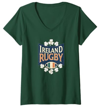 Damen Irland Rugby Jersey Vintage Irish Rugby Shamrock T-Shirt mit V-Ausschnitt