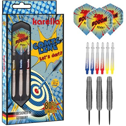 Karella Darts Comic-Line 80% Tungsten, Profi Steeldarts, 5 Modelle, 21-24 gr. formstabile Polycarbon Schäfte, Flights 100 Mic. Dartpfeile inkl. Ersatzschäfte und PVC-Box (CL-4 23 gr., 45 mm)