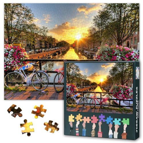 Amsterdam Puzzle 1000 Teile - Frühlingshafte Grachten mit Blumen und Fahrrädern, 50x70 cm Niederlande-Motiv, Anspruchsvolles Erwachsenenpuzzle