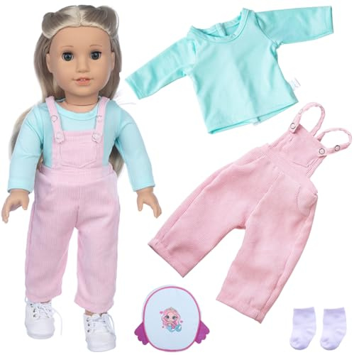 Puppenkleidung und Zubehör für 35-43 cm große Puppen, 4-teiliges Baby-Puppen-Kleidungs-Set enthält lange Ärmel, rosa Overall-Socken und Meerjungfrauen-Rucksack, Geburtstag für Mädchen (keine Puppe)