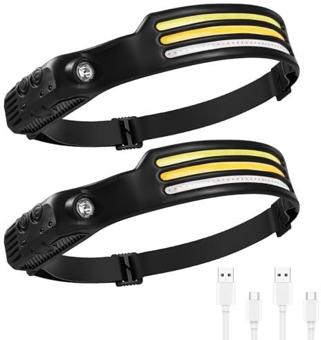 2PCS LED Head Torch, USB Headlamp Flashlight Rechargeable 2 COB 230°Wide Beam Headlight with Motion Sensor Bright 5 Modes Lightweight Waterproof Head Lamp for Outdoor Running, Camping Hiking
