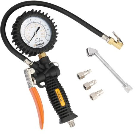 Hoteche Reifendruckpistole | Nylon - Gehäuse, Arbeitsdruck 0-8bar, Mit Messer - Druckteller und Verschiedenen Adapter - Kernen, in Farbschachtel