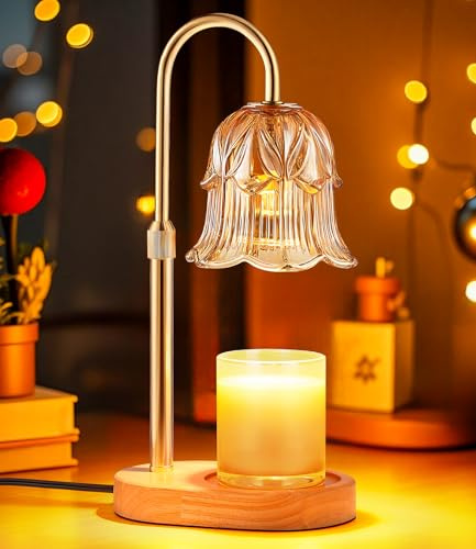 Candle Warmer Lamp Adjustable Timer - Electric Flower Glass Candles Warmers Adjustable Height Dimmable Vintage Base Modern Wax Candles Top Warmers for Small Jar Scented Wax Melts