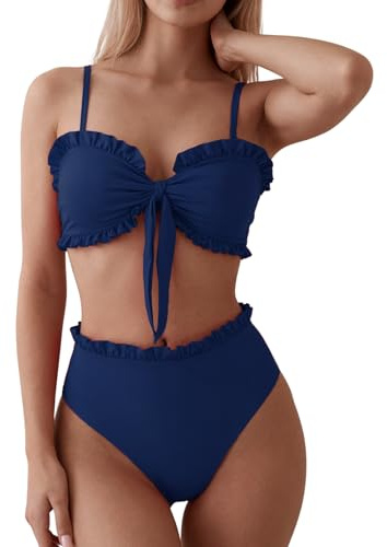 OUSIMEN Dam axelbandslös bikiniset Bandeau baddräkt volang trim detalj hög midja baddräkt, marinblå, S