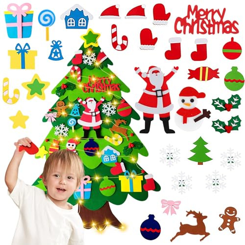 Juego De 32 áRbol De Navidad De Fieltro De Bricolaje,NavideñOs Desmontables,Montessori Arbol Navidad Pared,con Luces Led,3.3ft áRbol De Fieltro para NiñOs,DecoracióN NavideñA Regalos Navidad NiñOs-B
