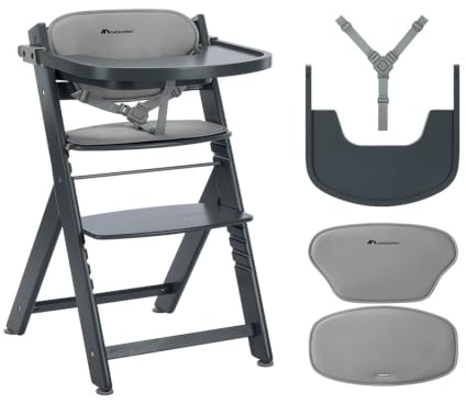 Bebeconfort Timba 2 mit Kissen, Mitwachsender Hochstuhl Baby, Ab 6 Monaten, Bis 110 kg, Ergonomischer Baby & Kinderhochstuhl Holz, Fast alle Esstische, Abnehmbares Tablett, Grey Mist