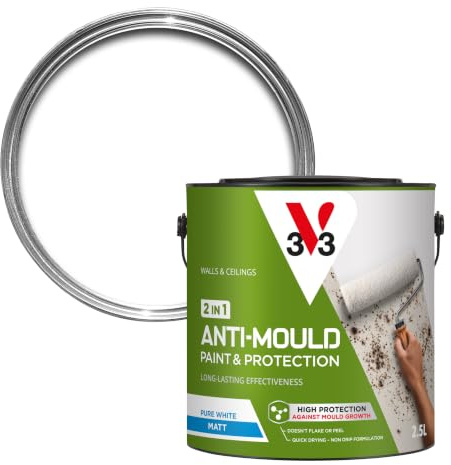 V33 Anti-Mould 2 in 1 Paint for Walls & Ceilings, Pure White Matt, 2.5L | Ideal for bathrooms & kitchens, Reinforced anti-mould film, Moisture resistant, Highly opaque & non-drip formula