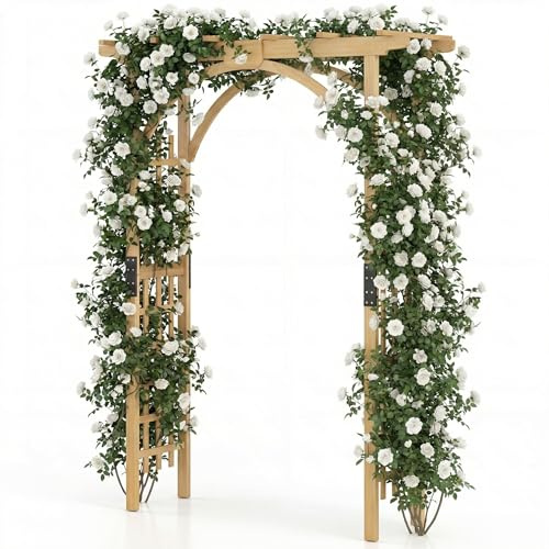 GYMAX Arche de Jardin en Bois Massif pour Plantes ou Fleurs Grimpantes, Arche en Treillis à Rosiers Lumières pour Décoration Extérieure de Fête Mariage, 134 x 213cm
