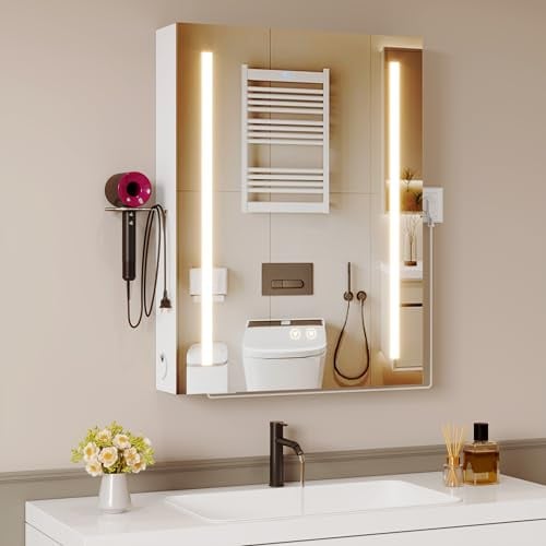 ChromaCasa Spiegelschrank Bad mit Beleuchtung 3-Farbig Dimmbarer & 1AC/2USB-Steckdosen, Badezimmer Spiegelschrank mit Entfeuchtung mit 1 klick für Badezimmer(50x70x15cm,Weiß)