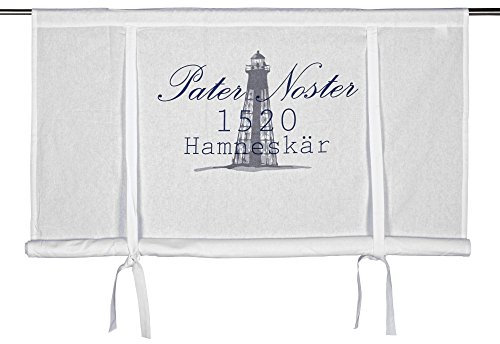 Scheibengardine Raff Gardine Raffrollo Vorhang 'Pater Noster' 120 x 120 cm (BxH) weiß mit Stempel Aufdruck in grau dunkelblau Baumwolle Nordisch Landhaus Shabby French Vintage Retro Antik Nostalgie