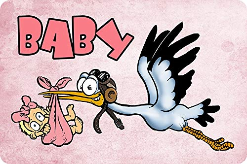 Blechschild 20x30cm gewölbt Baby Storch Mädchen Spruch Deko Geschenk Schild
