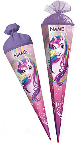 Schultüte - Einhorn - Regenbogen Unicorn - 35-100 cm - Größe wählbar - mit Holzspitze - 6 eckig - incl. Name - Tüllabschluß - Zuckertüte - Roth - Mädchen - ..