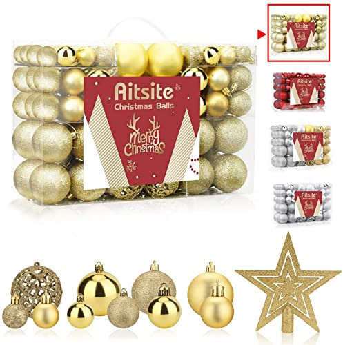 Aitsite 100 Stück Christbaumkugeln Gold Weihnachtskugeln 6CM/4 cm/2 cm Kunststoff Christbaumschmuck Wandbehang Ornamente Weihnachtsbaum Kugeln Flitter Tür Dekorationen Festival Dekore