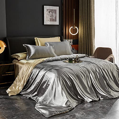 Lanqinglv Bettwäsche Set 135x200cm Grau Apricot Hellbraun Satin Wendebettwäsche Seide Seidig Luxus Wende Bettbezug mit Reißverschluss und Kissenbezug 80x80cm