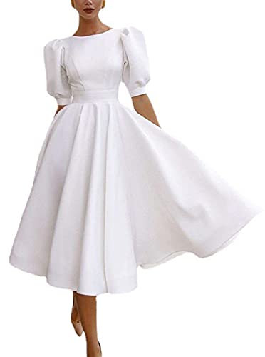 Dasongff Femme Robe Longue de Cérémonie à la Taille, Chic Manches Lanterne -Dos Nus - de Soirée Cocktail Demoiselle d'honneur Mariage Fête Aniversaire - Blanc, S~XXL